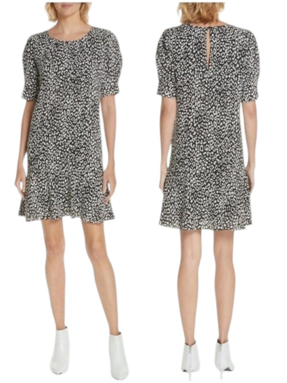 Joie Angeni Black White Animal Print Shift Dress Puff Sleeve Size XS - Picture 13 of 15